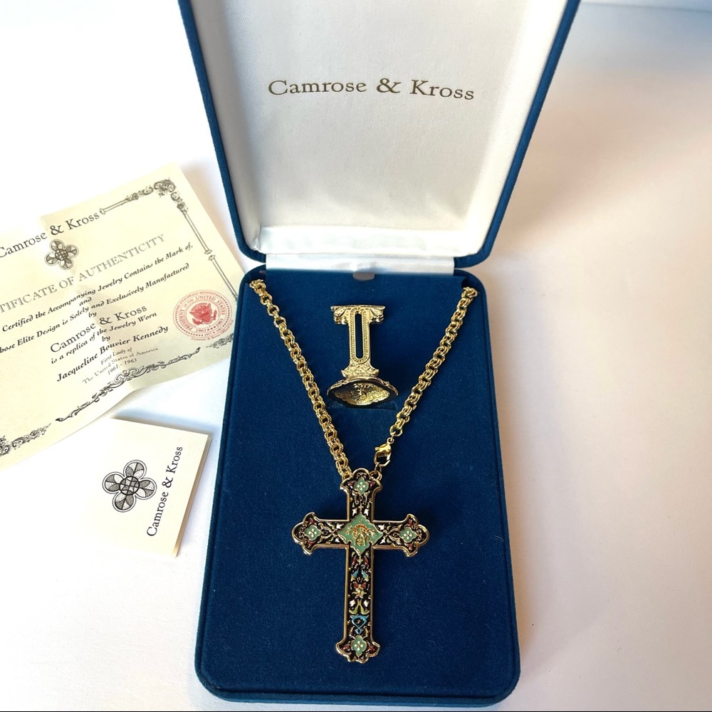 Camrose Kross JBK Kennedy gold blue enamel cross necklace pin with stand